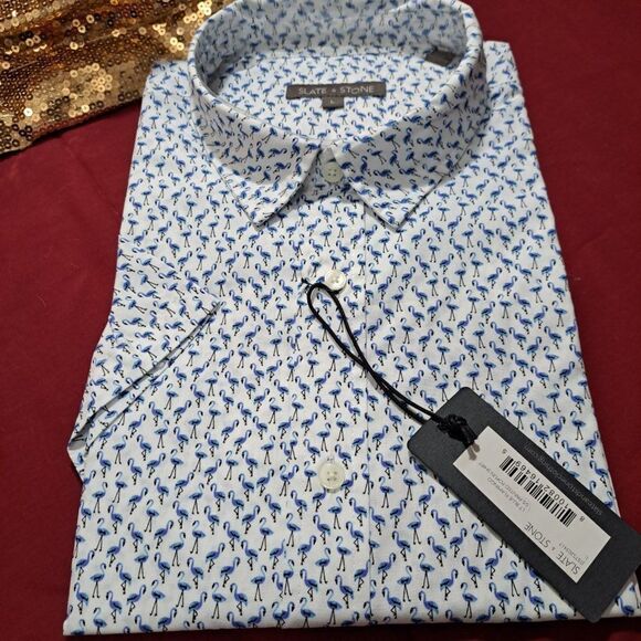 Slate & Stone Button Down Blue Flamingo collar Shirt Short Sleeve NWT - Picture 6 of 11